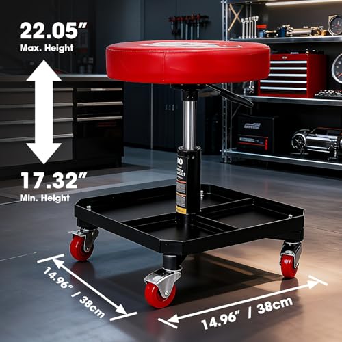 BIG RED TR6350 Torin Rolling Pneumatic Creeper Garage/Shop Seat: Padded Adjustable Mechanic Stool with Tool Tray Storage, Red Large