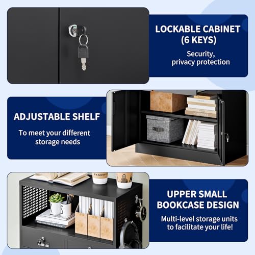 Yizosh Metal Storage Cabinet with 2 Drawers and Locking Doors,- 41.3" Steel Lockable Storage Cabinet with Shelves for Home Office,Garage,School (Black)