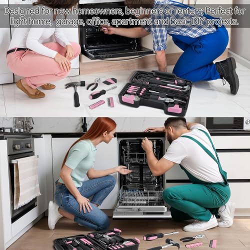 MARTCOLOR 58 Piece Household Tool Set, General Household Hand Tool Kit with Plastic Toolbox Storage Case, All Purpose Household Tool Kit for Women, Girls and Ladies, Pink