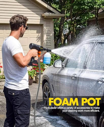 PoolLeader Cordless Car Cleaning Tool, Lightweight Portable Car Cleaner with 6-in-1 Nozzle & Foam Cannon, Battery Operated Cordless Car Wash Spray, Handheld Wash Machine for Car, Patio, Home - Yellow