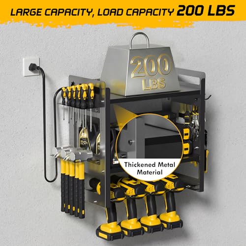 TOPRINCE Power Tool Organizer Wall Mount with Charging Station, 3-Tier Heavy Duty Metal Tool Rack with 4 Drill Holders and 6FT Power Strip, Garage Workshop Storage.Black