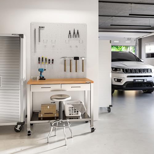 Seville Classics Commercial Work Table Island Utility Cart Prep Station, for Restaurant, Kitchen, Warehouse, Garage, Hotel, Home, Stainless-Steel, Solid Wood Top, 48" W x 24" D