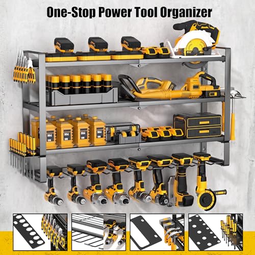 MOOMSINE Large Power Tool Organizer Wall Mount, 4-Tier Heavy Duty Metal Storage Rack Loads 400lbs, Battery Tools Hanger with 8 Cordless Drill Holder for Garage, Workshop, Pegboard, Shed