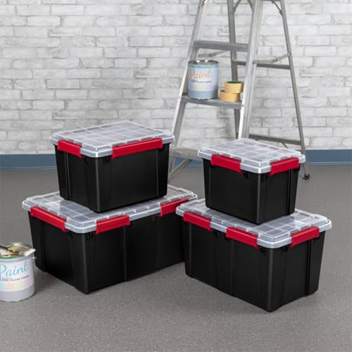 Sterilite 8 Pack Gasket Box, Stackable Plastic 20 Gallon Storage Container with Lids, Black - Waterproof and Dustproof Tote for Home Organization
