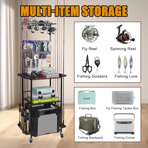 Aventik Fishing Rod Holders For Garage, 3-Tier Fishing Rod Rack Store 12 Rods& 8 Reels, Heavy Duty Pegboard Freestanding Rod Rack