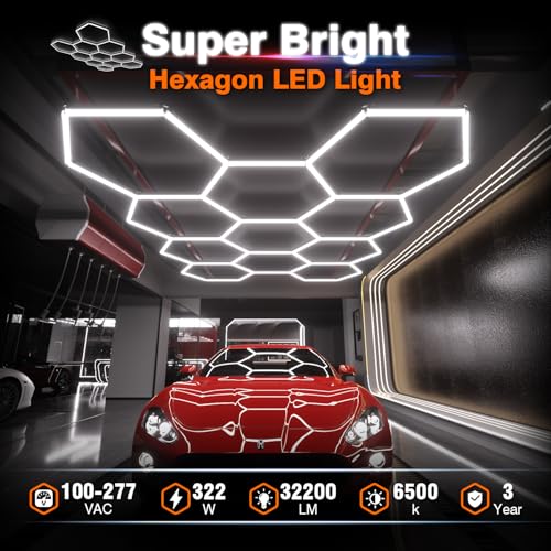 Litezone Hexagon Garage Lights : 3 Level Dimmable 322W Tube 11 Grids Hexagon LED Lights - Easy Install 6500K Super Bright Hex Lights for Garage, Home Gym, Shop, Workshop, Basement, Studio