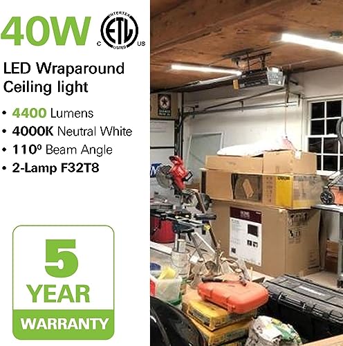 hykolity 4 Pack 4FT LED Wraparound Light 40W 4 Foot LED Shop Lights for Garage, [2-lamp 32W Fluorescent Equiv.] 4400lm 4000K Wrap Light, Flushmount Office Ceiling Light Fixture ETL Listed