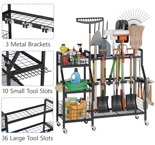 keomaisyto Garden Tool Organizer with 6 Wheels(3 lockable), Heavy Duty Yard Tool organizer with 2 Basket, Large Metal Garage Tool Organization and Storage for Garage/Shed/Yard/Broom Closet/Lawn