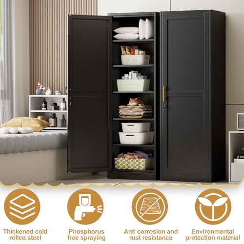 Lusiwry Tall Narrow Slim Metal Storage Cabinet with Lock and 5 Adjustable Shelves,Steel File Cabinets,Kitchen Pantry Cabinet Locker Organizer - 67" Storage Cabinets for Bathroom,Bedroom,Office,Black