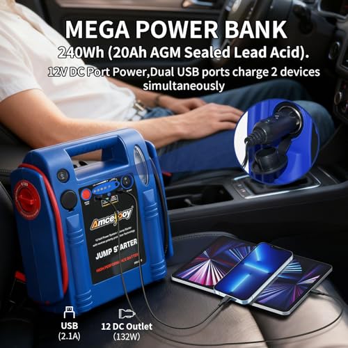 Amcelooy 2000 Peak Amp Car Battery Jump Starter, 12V Booster for Up to 8.0L Gas & 8.0L Diesel Engines, Portable Jump Box with LED Light, USB & DC Ports