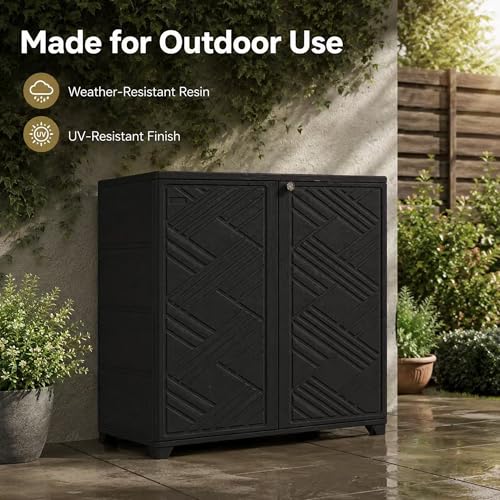 ADDOK Outdoor Storage Cabinet, 60 Gallon Waterproof Resin Patio Storage Cabinet with 1 Adjustable Metal Shelf and Double Doors, Weather-Resistant Organizer for Garden Tools, Pool Supplies and Toys