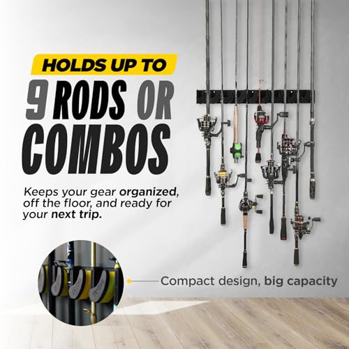 Beyond Fishing GripLock Vertical Fishing Rod Rack – Wall-Mounted Fishing Rod Holder for Garage – Stores Up to 9 Rods or Combos –Space-Saving Durable Fishing Rod Holders for Serious Anglers