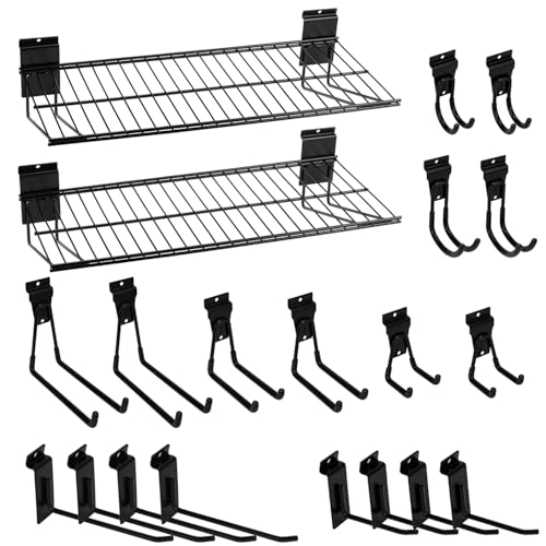 LYYUWE 20PCS Slatwall Accessories Set, Includes 2 Pack Slatwall Wire Shelves (24 inches Width) and 18 Pack Heavy Duty Multisize Slatwall Hooks for Garage Organization, Retail Display (24 Inch)
