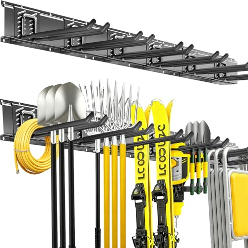 CRXCRC Garage Tool Organizer Wall Mount, 48 Inch Heavy Duty Garden Tool Organizer Storage System, Easy Install with 6 Adjustable Straight Hooks, for Garage, Basement, Shed, Workshop, Black, Steel