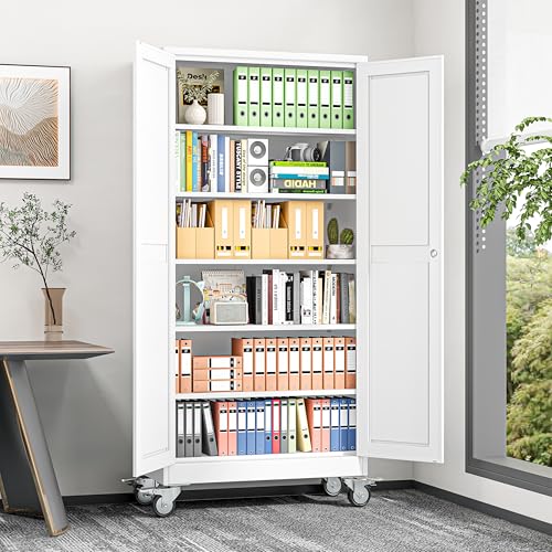 RISTERN Metal Garage Storage Cabinets and storage system, 74”Tall Rolling utility cabinet with Wheels, Lock, 5 Adjustable Shelves, Heavy Duty Steel Tool Locker for Home Office, Utility Room, Gym,White
