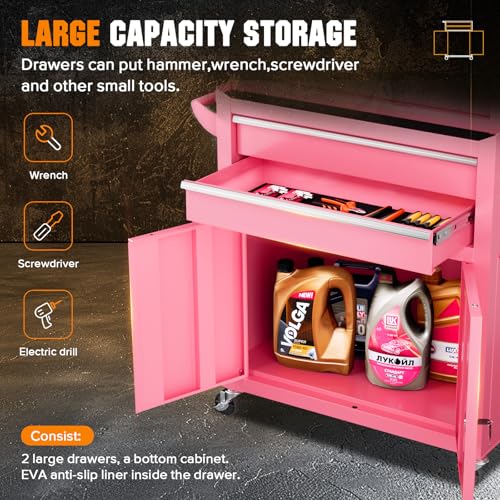 Crownland 8 Drawer Rolling Tool Chest with Wheels, Lockable 2 in 1 Detachable Tool Cabinet wit Drawers and Black Liners, Garage Top Toolbox and Bottom Storage Cart with Side Hooks,Pink