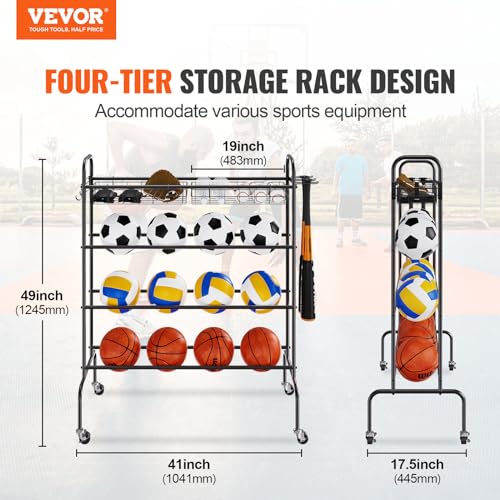 VEVOR Basketball Rack, 4-Layers Rolling Basketball Shooting Training Stand, Sports Equipment Storage Organizer with Wheels, Hooks and Baskets, Garage Ball Storage Holder for Football Soccer Volleyball