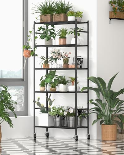 Sakugi Storage Shelves Organizer - 5 Tier Metal Shelf Organizer with Metal Wheels and Adjustable Leveling Feet, Heavy Duty Garage Shelving for Kitchen, Pantry and Closet, 33.1"x12.6"x73.5", Black