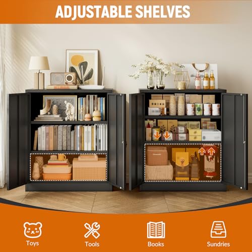 BESFUR Metal Storage Cabinet, Garage Storage Cabinet with 2 Adjustable Shelves, Locking Short Storage Cabinet for Office Garage Home, Black Metal Cabinets (36" H x 31.5" W x 16" D)
