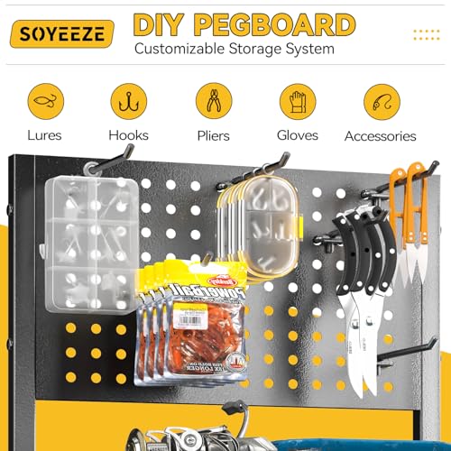SOYEEZE Fishing Rod Holders for Garage, 3 Storage Boxes for Reels & Fishing Accessories, 10 Rod Capacity Fishing Pole Holder with Pegboard, and 3-Tier Shelf for Tackle Box, Fishing Gear Organizer