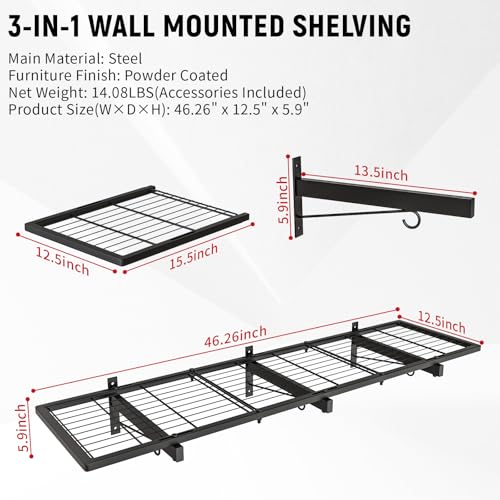 2 Pack Garage Wall Shelves, 46"X 12.5" Garage Shelving Wall Mounted, Heavy Duty Shelf Organizer with 8 Hooks, Black Floating Storage Metal Rack 320 LBS Capacity for Laundry Room, Office, Basement