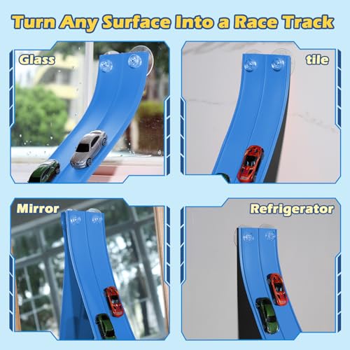 INKZOO Flex Tracks 15 Ft Starter Set Flexible Race Track for Kids 3+, Flexible Car Track Race Car Ramp Track Compatible with Diecast 1/64th Cars, Portable Rolls Up Race Tracks with Strong Suction Cups