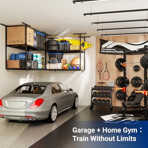 FLEXIMOUNTS 3x6 2-Tier Overhead Garage Storage Rack – Adjustable Heavy Duty Metal Garage Ceiling Storage Racks, 880 lbs Capacity – Garages Organization System for 9–15 ft Tall Garages, Black