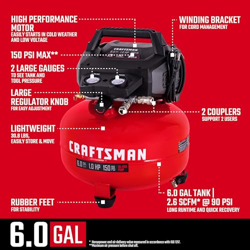 Craftsman Air Compressors 6 Gallon Portable Pancake Air Compressor,Oil Free Max 150 Psi 1.0HP 2.6 CFM@90PSI Electric Air Compressor Shop Air Compressor, CMXECXA02106410