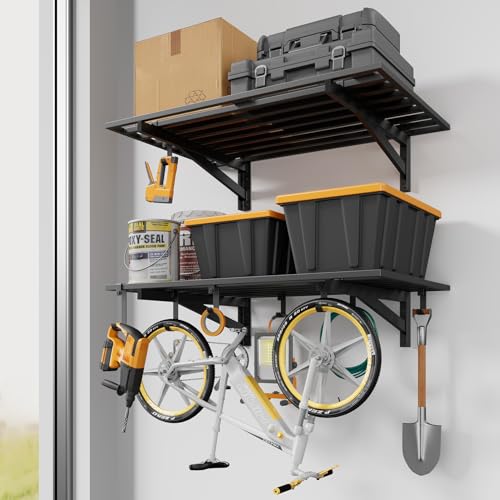 Jusgym 2-Pack 2x3ft Garage Shelving Wall Mounted, 2' x 3' Heavy Duty Garage Storage Shelves with Hooks, 500LB Capacity