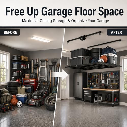 Overhead Garage Storage Rack 5x9 FT, Pull Down Garage Ceiling Storage Lift System with Drill-Operated Crank, Heavy Duty Ceiling Mounted Organizer with Safety Lock, 400 LBS Capacity