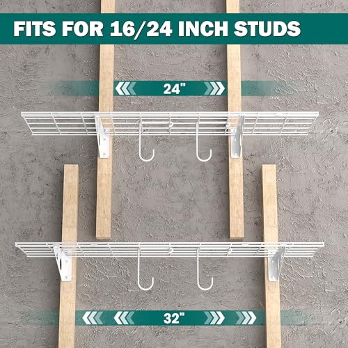 EVERHANGER Garage Wall Shelves, 12 X 48 Inch Wall Mounted Storage Shelves, Heavy Duty Metal Shelving with Hooks, 2 Pack, White