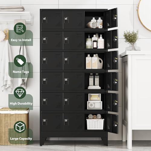 Lusiwry Metal Lockers for Employees-18 Doors Storage Locker with Shelves and Lockable Steel Cabinet for School,Gym,Office,Staff,Assembly Required,Black