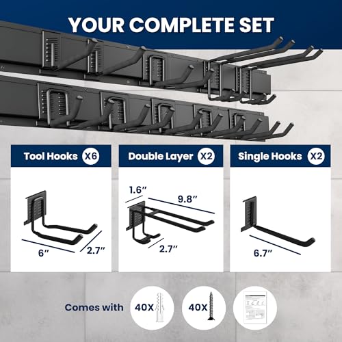SUKIZZ 64'' All-Metal Garage Tool Organizer Wall Mount – Heavy-Duty Tool Rack Holds 680 lbs, Adjustable Hooks for Garage, Yard, and Garden Equipment