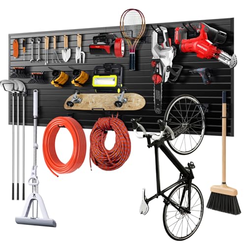 Slat Wall Panels 8x4 ft, Heavy-Duty PVC Garage Slatwall Panel with Trim & Screws, Interlocking Black Wall Panels, Garage Wall Organizer Slat Board PVC Wall Panel for Tools and Sports Equipment Storage