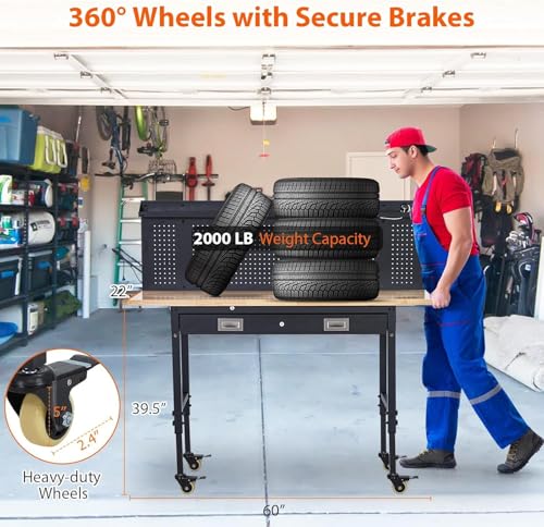 Work Bench 60" Adjustable Height, Heavy-Duty Portable Workbench with Power Outlets and Drawer for Garage & Workshop, 2000 LBS Load Capacity Large Pegboard, Work Table for Office, Home, Easy Assembly