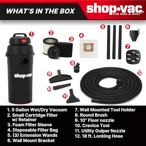 Shop-Vac 9522205 5 Gallon 5.5 Peak HP Hangup Wet/Dry Vacuum, 1.25 Inch Diameter x 18 Foot Hose, 6 Foot Cord, Wall Mount Included, Ideal for Garage, Workshop & Home