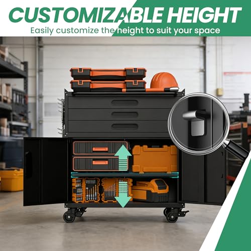 VIYET Garage Storage Cabinet, Metal Rolling Tool Cabinet with 2 Pegboard and 10 Hook, Heavy Duty Mechanics Tool Chest Storage for Workshop, Basement, Warehouse, Include Workbench Liner, Black