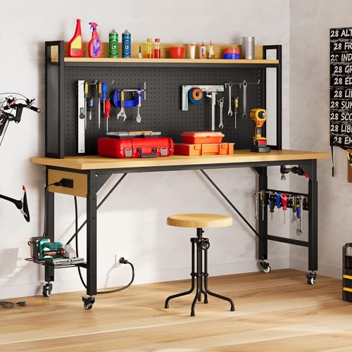 DWVO 60" Adjustable Workbench with Pegboard, Heavy Duty Wood Top Work Bench with Wheels, 1600 LBS Load Capacity, Rolling Work Table with AC/USB Outlet, Hooks, Rack for Garage, Workshop, Office, Home