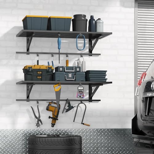 ZHNSYDN 2-Pack 2x4ft Garage Shelving Wall Mounted, Heavy Duty Garage Storage Shelves with 12 Hooks, 2' x 4' Wall Mount Shelves with 500LBS Capacaity