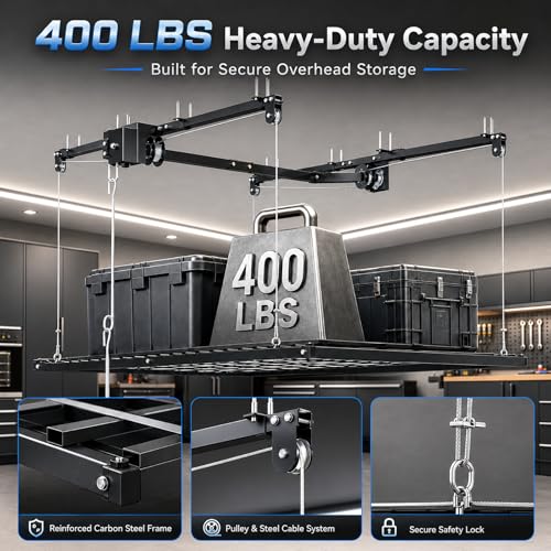 Overhead Garage Storage Rack 5x9 FT, Pull Down Garage Ceiling Storage Lift System with Drill-Operated Crank, Heavy Duty Ceiling Mounted Organizer with Safety Lock, 400 LBS Capacity