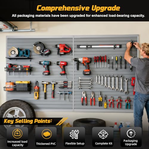 Slat Wall Paneling 4'x8' Garage Wall Organizer (2026Upgraded), Heavy-Duty PVC Slatwall Panels Boosts Load by 30%, Grey Slat Board, Slatwall Tool Storage System for Garage & Workshop Tool Organization