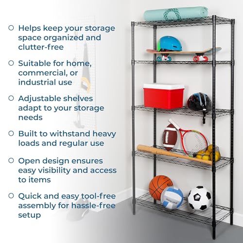 Honey-Can-Do 5-Tier Heavy-Duty Adjustable Shelves, Metal Storage Rack with 200-lb Shelf Capacity, Black, 14" W x 36" L x 72" H