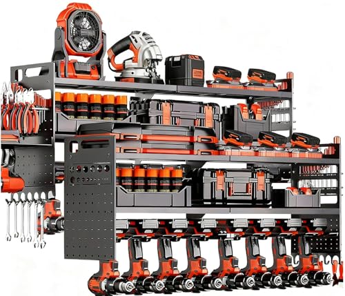 Shomextol 2-Pack Large Power Tool Organizer Wall Mount,Heavy Duty Cordless Tool Organizer with 18 Drill Holder,600 Lbs Capacity 3-Layer Garage Organization for Garage and Workshop (Black)