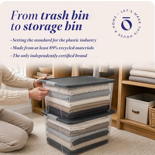 HOMZ 2-Pack Secure Latch, Clear Plastic Storage Organizer Bins, 64 Quart, Gray Lid - Heavy-Duty Container Boxes with Lids for Home, Office, and Garage
