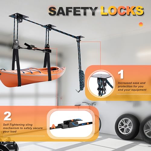 Hikeen Kayak Hoist for Garage Ceiling, Heavy Duty Kayak Pulley System, Hold Up to 150 lbs Capacity, Cargo Box Storage, Garage Organization Lift System Fit 10-14 Foot Ceilings