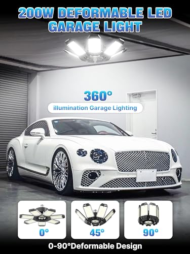 HAPYLUMI LED Garage Light 200W, 2 Pack 20000LM Bright Garage Lights Ceiling Led with 7 Adjustable Panels, 6500K Shop Lighting Screw in E26/E27 Bulb Socket, LED Lights for Shop Barn Basement Bay