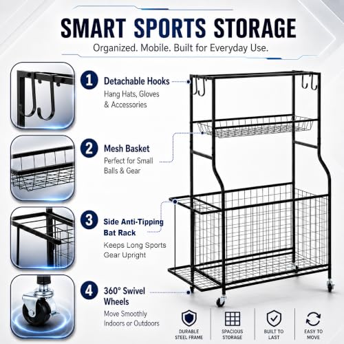 DuraMax Sports Storage Rack for Garage with Wheels, Ball Storage Rack and Sports Equipment Storage Rack, Garage Sports Organizer with Mesh Bin, Basket, Hooks and Bat Rack