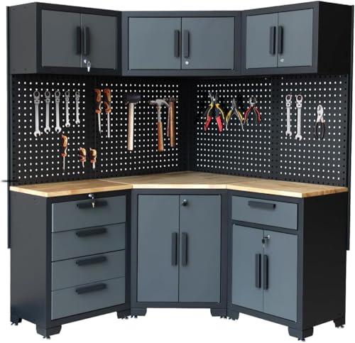 Tsnritor Garage Storage Cabinet System 8-Pcs Garage Cabinets and Storage System Corner Workshop Set with Corner Cabinet, Cabinet Drawers, Workbench, Pegboard for Tool Organization, Black and Grey