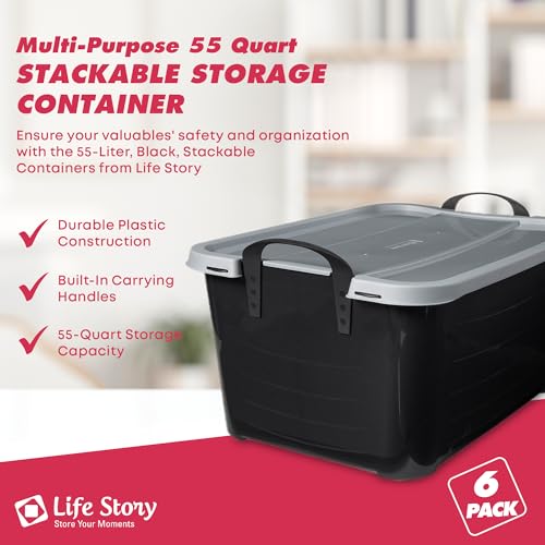 Life Story 6 Pack Heavy Duty Stackable Storage Bin, 55 Quart Home Organizer, Versatile Lightweight Locking Bins with Carrying Handles, Black/Gray
