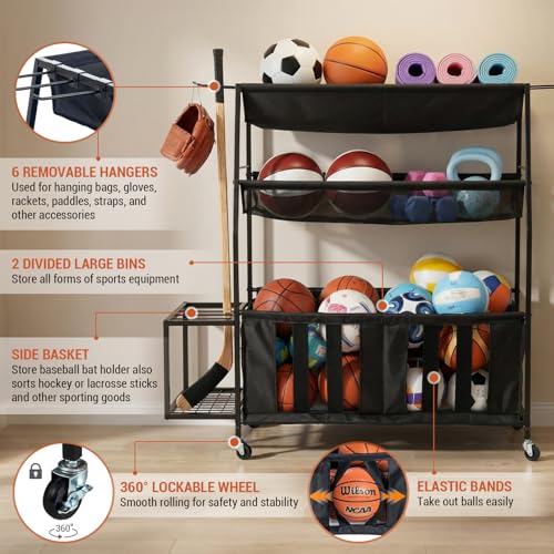 MyGift Garage Sports Equipment Organizer, 3 Tier Metal Ball Storage Bin with Wheels and Mesh Fabric Shelf Baskets, Rolling Gym Equipment Yoga Mat Storage Stand with Ball Toy Bins and 6 Hooks